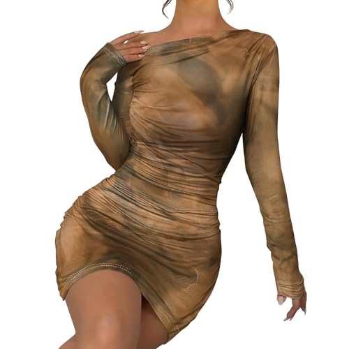 Image of Women's Long Sleeve Bodycon Mini Dress Tie Dye Print Slim Fit Asymmetrical Neck Elegant Formal Ruched Short Dresses