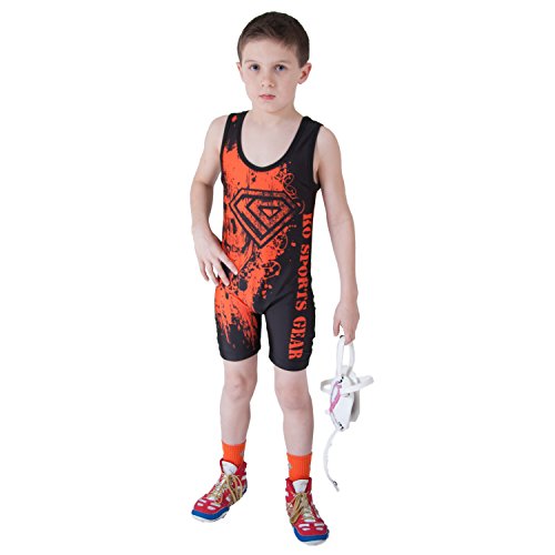 Ko Sports Gear - Unisex Wrestling Singlet, Comfortable & Breathable, 4 Way Stretch, Gymnastics, Running, Weightlifting (Orange Skull, Adult Small) #TOP4