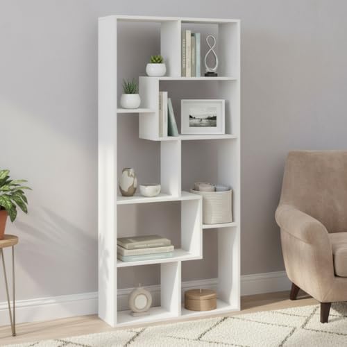 FURNEASER Medina Modern Wooden Bookshelf for Living Room | 8 Tier Open Book Rack Storage Organizer | Engineered Wood Display Shelf for Home Office Bedroom | Free Standing Book Case (White Finish)