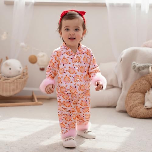 Kuriozud Toddler Girl Halloween Pajamas Pumpkin Silk Satin Sleepwear Little Girls Bow Pjs Baby 2Pcs Halloween Pajama Set3