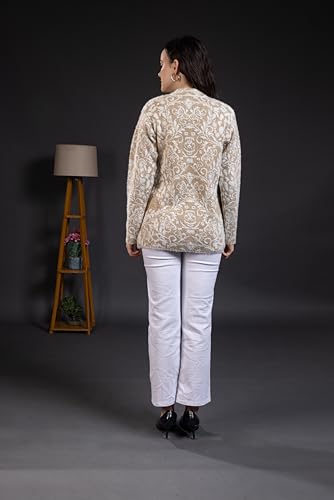 Image of Wear lusso Women Woolen Round Neck Self Design Cardigan | Heavy Hair Fabric Winter Wear | Pure Wool Long Cotty Fully Warm Cardigan Sweater