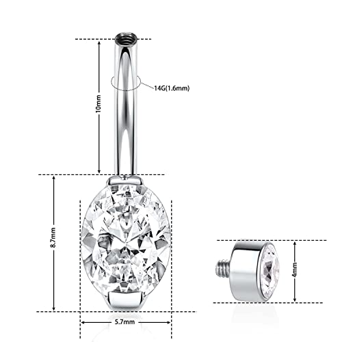 G23 Navel Ring Navel Barbell Silver Belly Button Ring 14G Belly Ring Titanium Belly Piercing Jewelly Oval Cz Belly Barbell 10Mm Belly Bars Internally Threaded Navel Barblell Navel Piercing Jewelry #TOP1