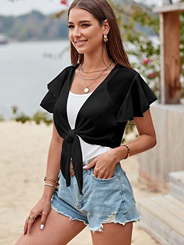 Zaful Women's Cardigans Shrugs For Dresses Short Sleeve Chiffon Cropped Bolero Sheer Cover Ups L Black #TOP4