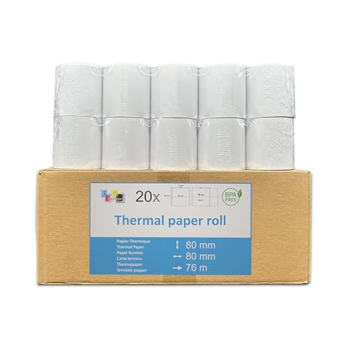 Papel térmico de recibo 80x80 mm sin BPA en pack de 20 rollos para terminales de punto de venta
