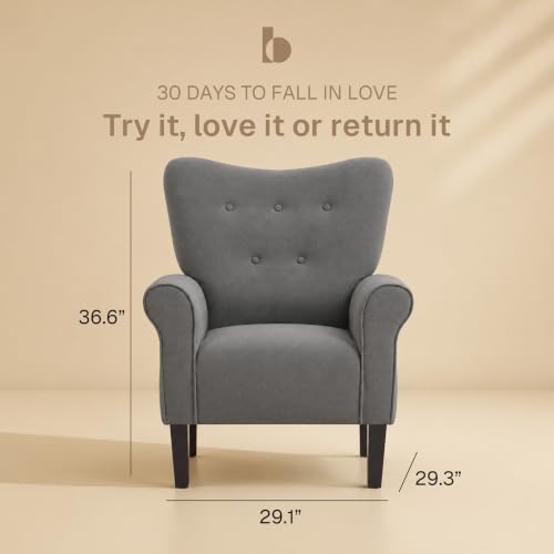 Image of BELLEZE Modern Accent Chair, High Back Armchair, Upholstered Wingback Side Chair, Padded Single Sofa with Wooden Legs for Living Room, Bedroom - Gray