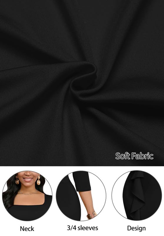 Image of MarryUP Womens Work Dresses Elegant Square Neck 3 /4 Sleeve High Waist Bodycon Ruffle Vintage Church Pencil Midi Dress