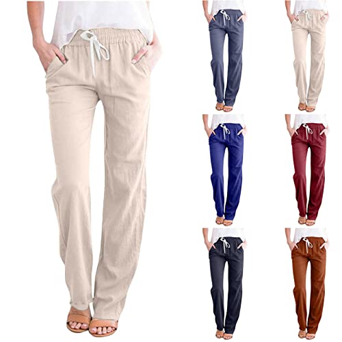 SMIDOW Womens Cotton Linen Pants Casual Drawstring Elastic High Waist Straight Leg Pants Loose Comfy Trousers with Pockets