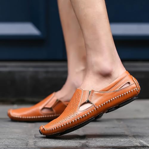 Image of Men's Breathable Summer Genuine Leather Sandal Perforated Casual Walking Driving Flats Shoes