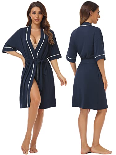Image of COLORFULLEAF Womens Bamboo Short Robes Lightweight Kimono Cotton Robe Soft Knit Bathrobe Ladies Loungewear with Pockets