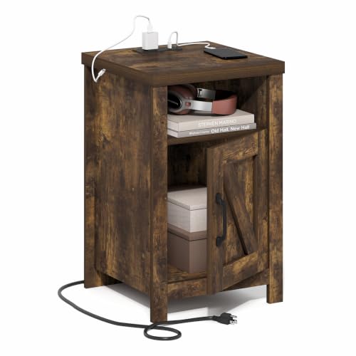 Furinno Farmhouse Nightstand with Charging Station, Bedside Table, Side Table, End Table with Door, USB Ports and Outlets, for Bedroom, Closet, Dorm, Amber Pine - image 1