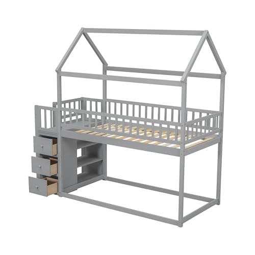 Image of Bellemave Bunk beds Twin Over Twin Size with Drawers and Shelves Storage, Floor bunk Bed,Gray