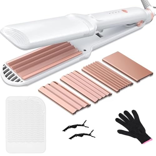 Plancha de crimpar, Plancha Rizadora con 3 Placas Intercambiables para crear volumen y textura, Calentamiento Instantáneo, Ajuste de Temperatura, Cerámica Plancha de Pelo para Alisar e Rizar (Blanco)