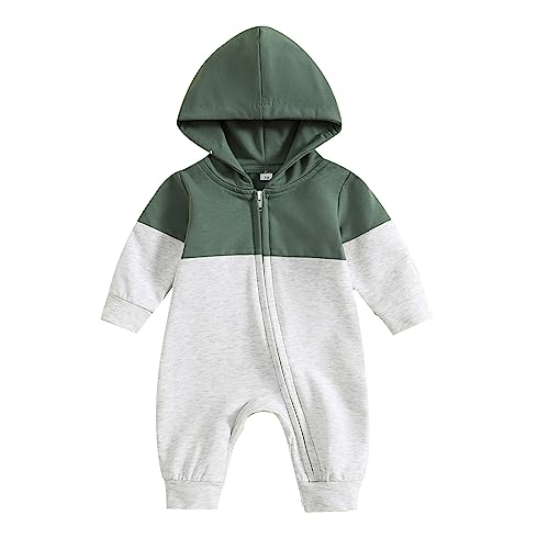 Image of allshope Newborn Baby Boy Fall Outfit Romper Long Sleeve Hooded Contrast Color Zipper Jumpsuit Bodysuit Infant Clothes