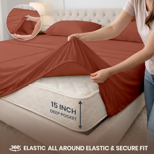 Image of SGI Split King Sheet Set for Adjustable Bed Egyptian Premium Cotton 600 Thread Count Sheets for Sleep Number Bed 15 inch Deep Pocket 5 Pc Set with 2 Twin XL Fitted Sheets Soft Breathable - Terracotta