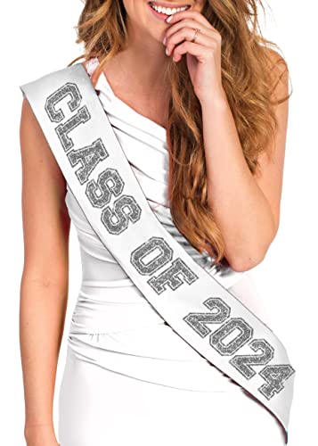 RhinestoneSash Senior Picture Props - Silver Sparkle '' CLASS OF 2024'' White PREMIUM GRADE SATIN Sash - High School Senior Gifts - White Sash (ClassOf2024) WHT