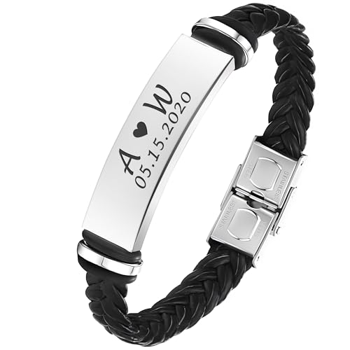 EDSG Mens Bracelet Personalized Custom Bracelets for Men Leather Engraved Bracelet Gift for Boyfriend Husband Dad Bestman Gift for Valentines Day Christmas, Birthday, Wedding, Anniversary, Father's Day