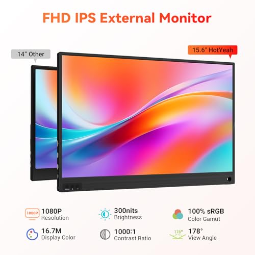 Image of HotYeah Portable Computer Monitor, 15.6-in 1080P FHD Travel Monitor USB-C HDMI External Laptop Screen FreeSync IPS w /Kickstand, Extra External Display for Laptop PC Mac Phone Tablet Switch Xbox PS5