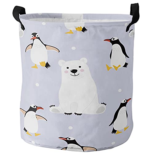 Animals Large Laundry Hamper Collapsible with Handles, Waterproof Dirty Clothes Hamper Baby Nursery for Kids Room Dorm Storage, Cartoon Wildlife Polar Bear and Penguins