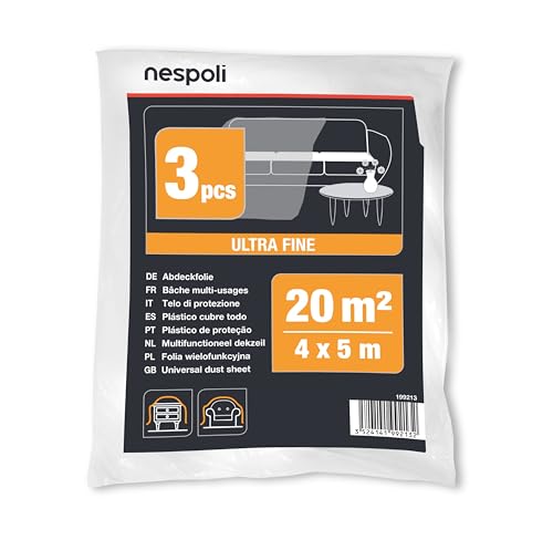 Nespoli Juego de 3 lonas cubretodo de 4 x 5 m para la protección de muebles y muebles de interior, telas para blanquear grandes y resistentes de 20 m² – Lona cubre todo de plástico ultrafina, flexible