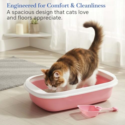 Image of PETS EMPIRE Cat Litter Box Tray with Free Scooper - Semi-Closed Design, Durable Quality, Suitable for All Adult Cats & Kittens, Pink