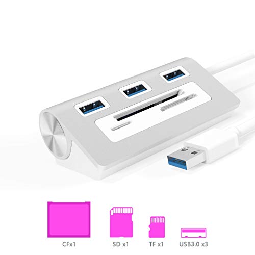 Rytaki 6 en 1 Hub USB 3.0 de Aluminio, USB 3.0 Hub de 3 Puertos con combinación de Ranura para Tarjeta SD/CF/TF (Micro SD) para Mac, Mac Book Air/Pro, Surface Pro o Cualquier PC/Laptop, Plateado