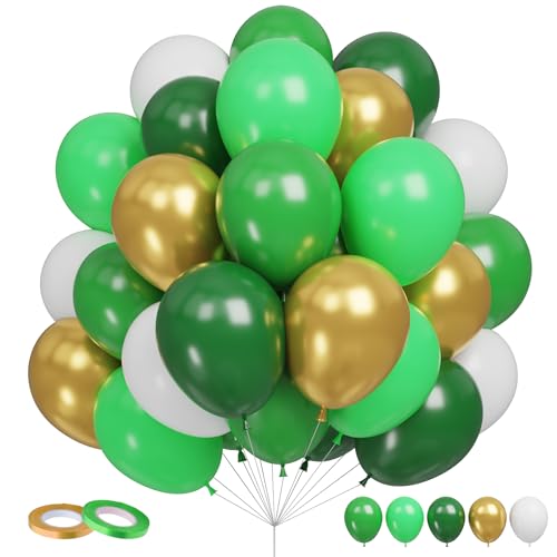 Image of Funhot Green Balloons Set, 60 Pcs Green Gold White Balloons, 12 Inch Dark Green Emerald Green Lime Green Metallic Gold Latex Balloons for Jungle Forest Birthday Baby Shower Wedding Party Decorations