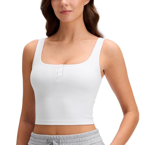 Image of CRZ YOGA Ribbed Henley Crop Tank Tops | Medium Support, Removable Pads, Casual, Square Back, Wide Straps, Longline Sports Bras for Women
