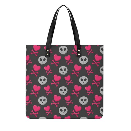 Sac à main shopper crâne noir cœur cabas fourre-tout pour femme grand format
