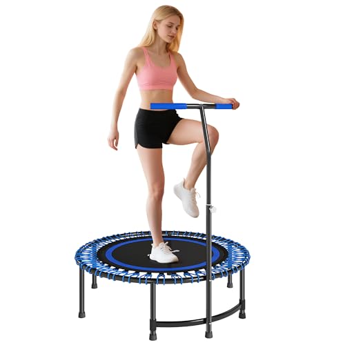 SPORTNOW Trampolino Fitness Ø114 cm con Maniglia Regolabile su 5 Posizioni, Trampolino Elastico Capacità 200 kg, 36 Molle Bungee, Tappeto Elastico Per Adulti per Allenamento a Casa, Blu