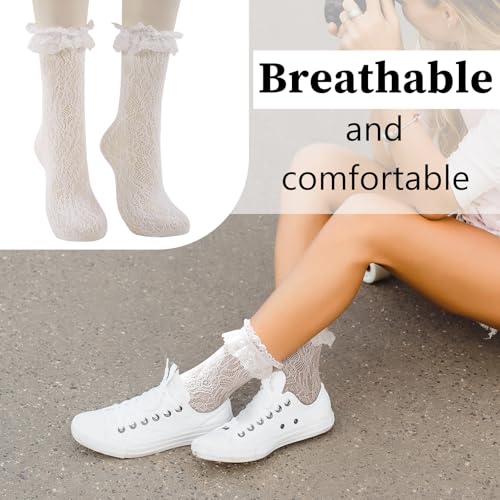 Image of Women Lace Ruffle Socks White Black Frilly Lolita Crew Dress Socks