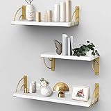 White Floating Shelves for Wall,Wall Shelves with Camber Yellow Golden Metal Brackets-White Shelves Set of 3 for Bedroom Bathroom Living Room Kitchen (White)