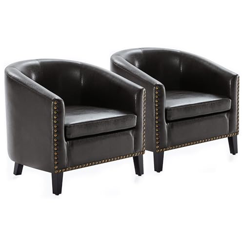 Image of BELLEZE Accent Barrel Chair, Set of 2 Modern Faux Leather Tub Club Chair Upholstered Armchair with Gold Nail Head Trim and Black Legs for Living Room Bedroom Apartment Lounge - Dark Brown