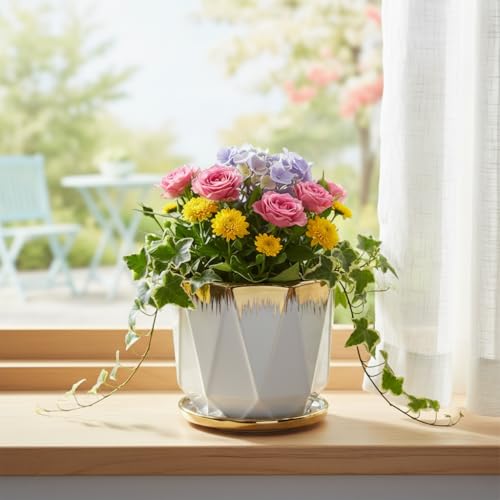 Image of Xtore Refined Faceted Ceramic Planter with Metallic Rim & Drain Tray | Contemporary Decorative Pot for Living Room, Desk & Balcony Styling (Pack of 1, Planter only)