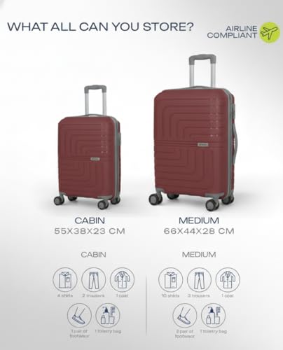 Image of Pro 8 Wheels Set of 2 (Cabin + Medium) Trolley Bags, Hard Case Polypropylene, 360º Wheeling Luggage for Men & Women, Suitcase for Travel, Trolley Bags for Travel (Maroon)