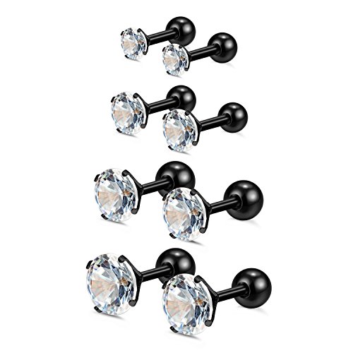 Charisma 16G Cartilage Tragus Helix Stud Stainless Steel Barbell Earrings For Women Men Toodlers Screw Back Piercing Earrings (4 Pairs, 6Mm Bar Length, 3Mm-6Mm White Cubic Zirconia, Black) #TOP23