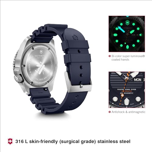 Victorinox Stainless Steel Dive Pro,Automatic Swiss Made Men's Analog Watch,Blue Dial,43 Mm,300M Water Resistant,Sellita Sw 200-1 Movement,Blue Rubber Strap,Wrist Watch For... - Image 2