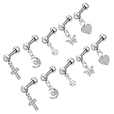TEHAUX Juego de 10 Pendientes de Acero Inoxidable para Cartílago Pendientes Pequeños Formas de Cruz Luna Estrella Insecto Alado y Corazón Hipoalergénicos para Orejas Sensibles