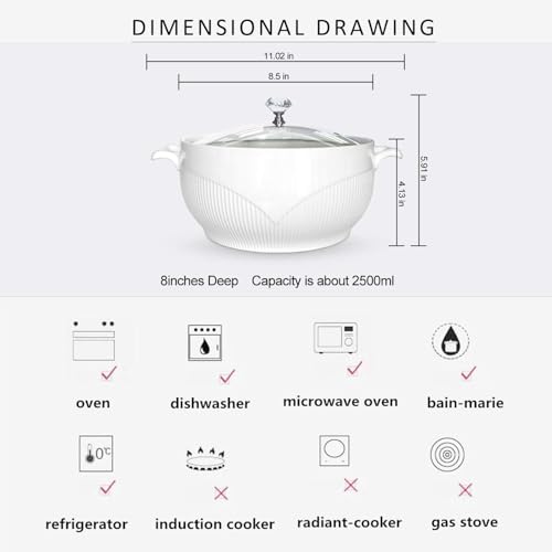 image for REANRO Ceramic Serving Soup Tureen Bowls with Glass Lid, White Porcela