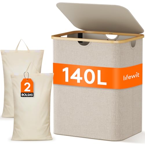Lifewit 140L Cesto Ropa Sucia con Tapa, Grande Cesta para la Ropa Sucia con 2 Compartimientos y 2 Bolsas, Cubo Ropa Sucia para Dormitorio, Baño y Lavadero, Beige