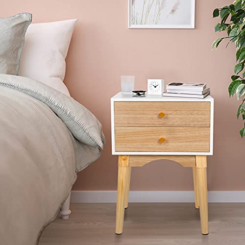 ORISTUS Natural Color Nightstands Side Tables Sofa End Table with 2 Storage Drawers Wood Legs Small Bedside Table for Bedroom Furniture Snack Night Table