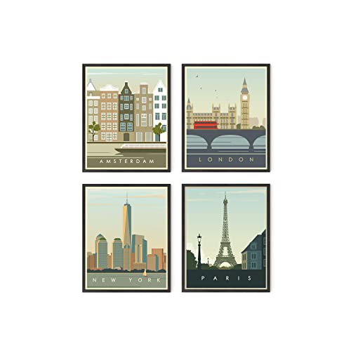 Haus and Hues Lot de 4 posters de voyage vintage - Art mural de voyage de Londres, New York, Paris et décoration murale Amsterdam City | 20,3 x 25,4 cm, cadre noir Cover