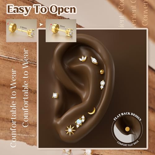 YADOCA Sterling Silver Flat Back Earrings for Women Hypoallergenic 14K Gold Plated Flatback Stud Earrings Trendy Cartilage Helix Conch Tragus Piercing Jewelry 3 Pairs Dainty CZ Opal Earring Set4