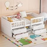 PUGSDRLY Lit Enfant 90x200cm,Lit mi Hauteur avec Clôture de Sécurité et 4 tiroirs Rangement,Cadre de lit avec Sommier à Lattes en Bois,sans Matelas (Blanc)