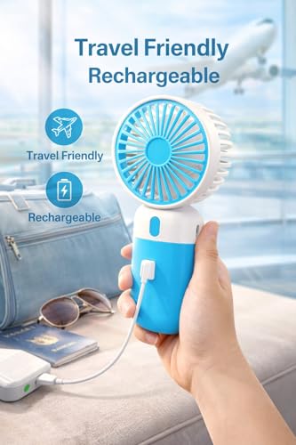 Image of Kabello Portable Hand Fan for Adults and Kids Rechargeable Handheld Fan with 3 Fan Speed Mini Fan for Travelling, Makeup and Office (Blue)