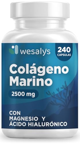 Colágeno Marino Hidrolizado 2500mg con Magnesio y Ácido Hialurónico | 240 Cápsulas | con Vitamina C natural, para cartílagos, huesos y piel | Alta dosis, Péptidos de Colágeno Marino Puro