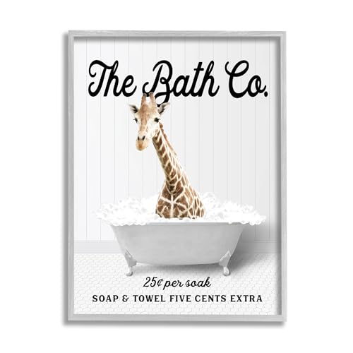 Image of 'Bubble Bathtub Giraffe'| Framed Giclee Art | Stupell Industries | Gray, 24 x 30 Inches, Easy to Hang and Sturdy, Made in USA, by Lettered and Lined
