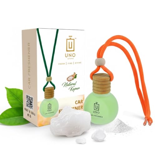Image of UNO AROMA Natural Kapoor Car Air Freshener, 15ml, Long Lasting Hanging car perfume, Toxin-Free Oil in Glass Bottle with Wooden Diffuser, Car Accessories for fresh aroma, Last Upto-60 Days