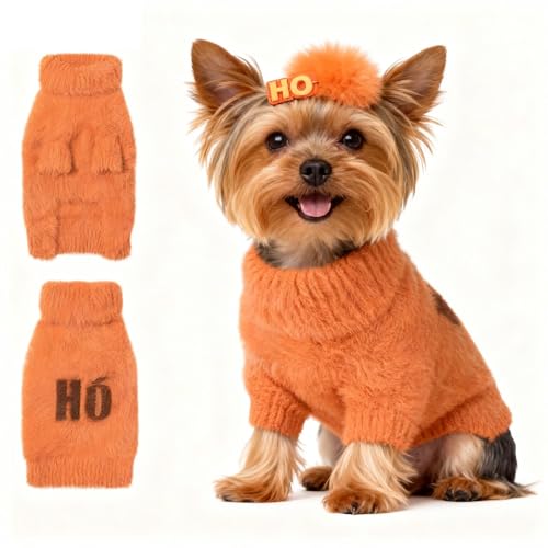 Image of Small Dog Furry Pullover Sweater, Classic Turtleneck Dog Clothes for Cold Weather Cute Warm Pet Clothes for Chihuahua, Bulldog, Dachshund, Pug Orange Small
