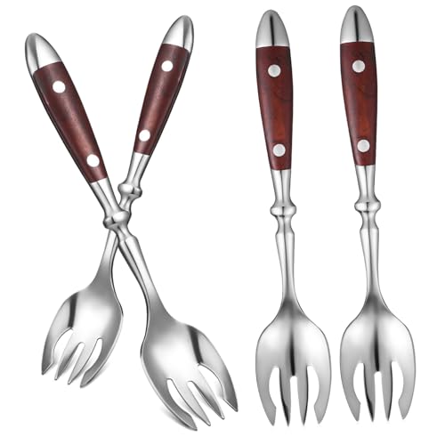 Cabilock 4pcs Stainless Steel Salad Forks Metal Sporks Wooden Handle Reusable Sporks Long Handle Forks