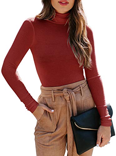 Women s Long Sleeve Ribbed Turtleneck Leotard Stretchy Sweater Bodysuit Basic Tops Jumpsuits Maroon Red Medium